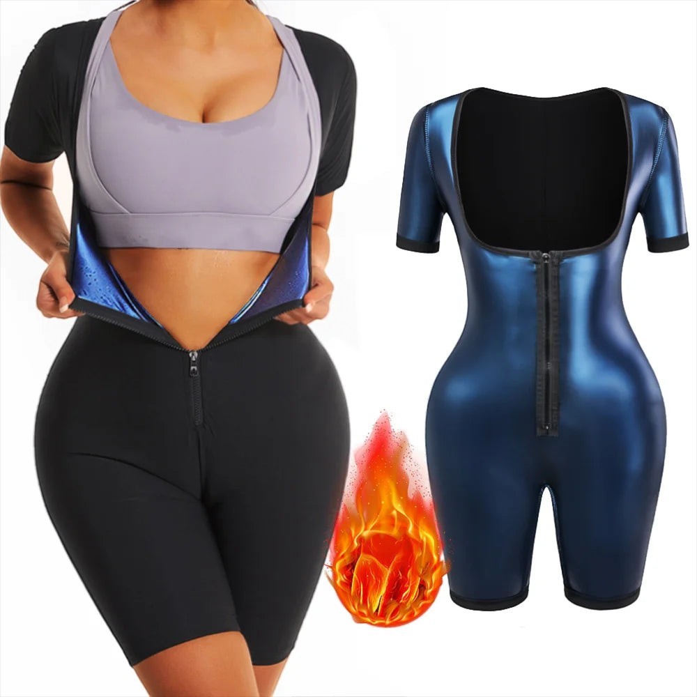Combinaison sauna NaRsKo bleue et noire en polyester pour femme, idéale pour le fitness et la perte de poids