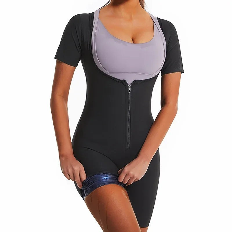 Combinaison sauna NaRsKo noire en polyester pour femme avec fermeture éclair frontale pour le fitness et la sudation