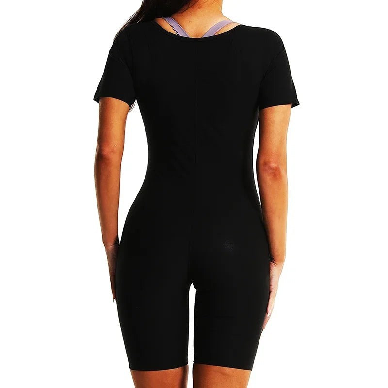 Combinaison sauna NaRsKo noire en polyester pour femme, vue de dos, idéale pour le fitness et la sudation.