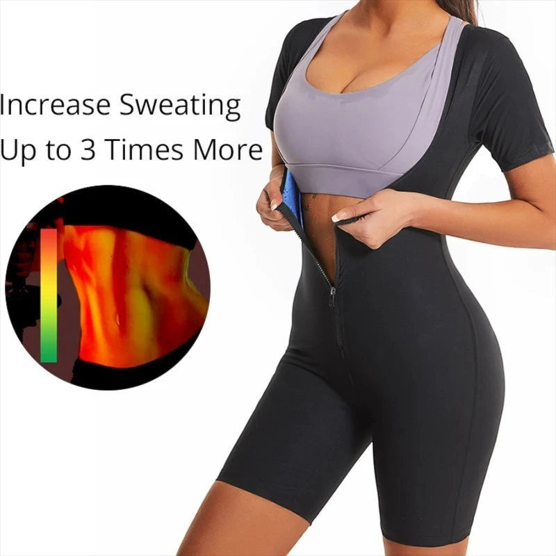 Combinaison sauna NaRsKo noire en polyester pour femme, idéale pour la sudation et le fitness avec fermeture éclair.