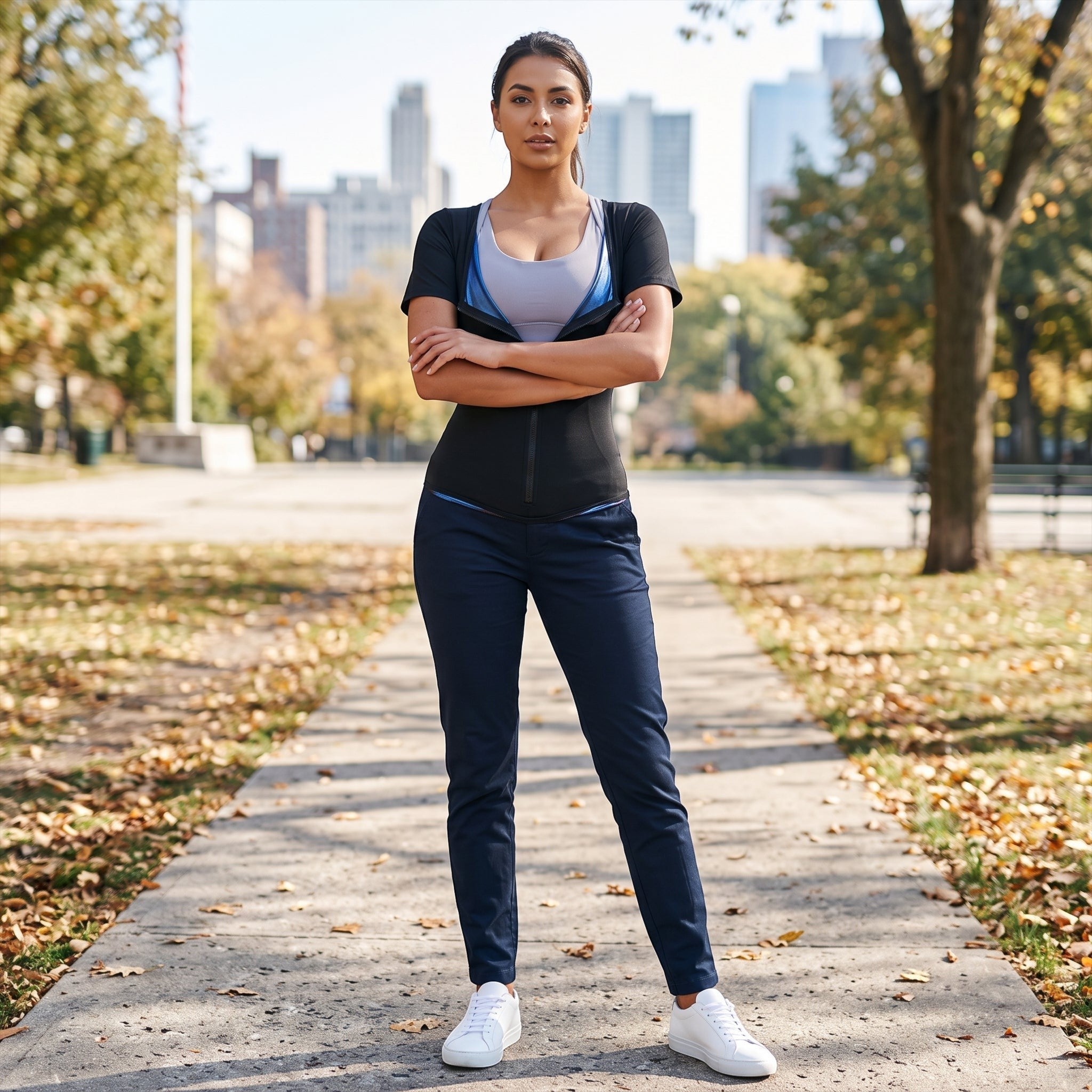 Femme portant une combinaison sauna thermique NaRsKo noire et bleue pour le fitness, debout dans un parc urbain.