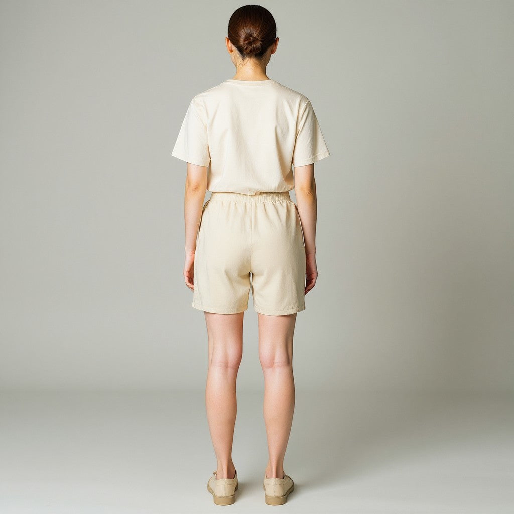Femme de dos portant un ensemble NaRsKo beige en coton composé d'un t-shirt et d'un short décontracté