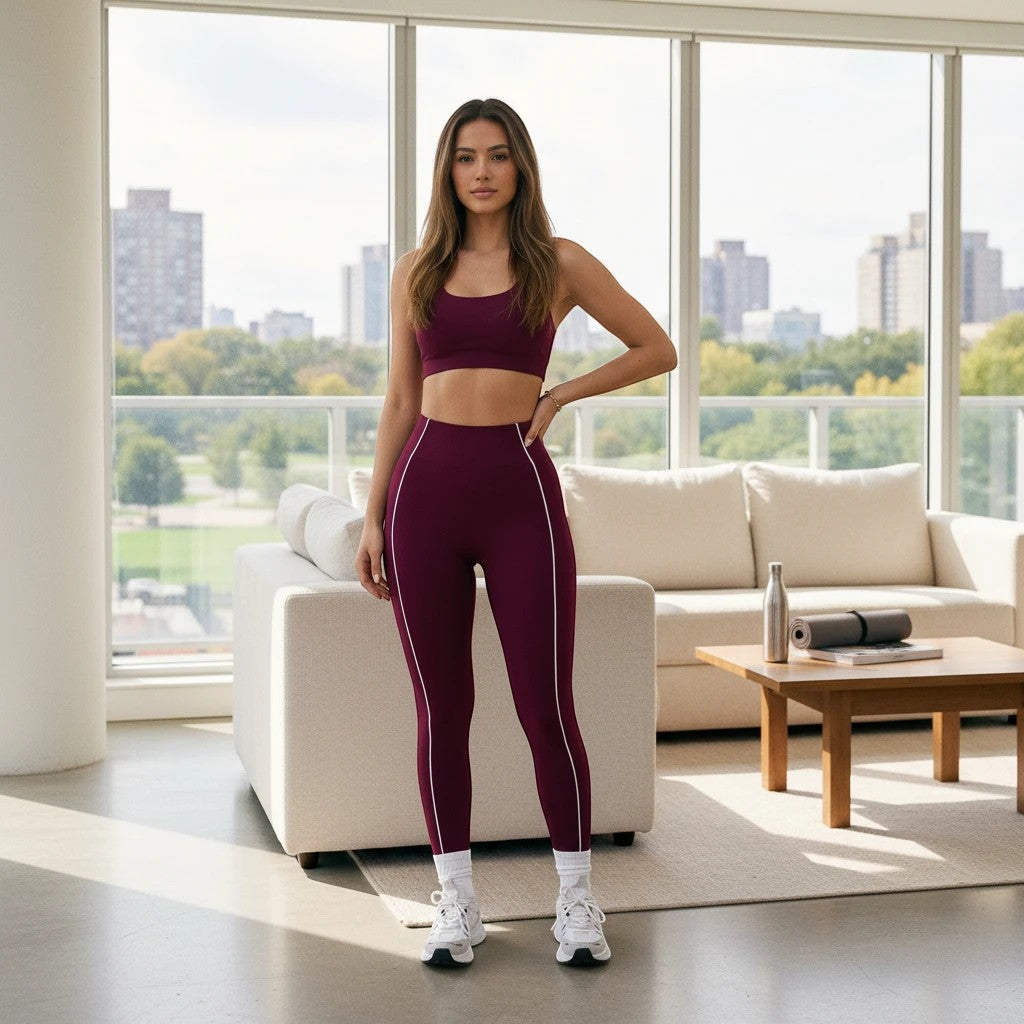 Legging de sport NaRsKo bordeaux sans couture avec bandes latérales blanches, porté par une femme dans un salon lumineux