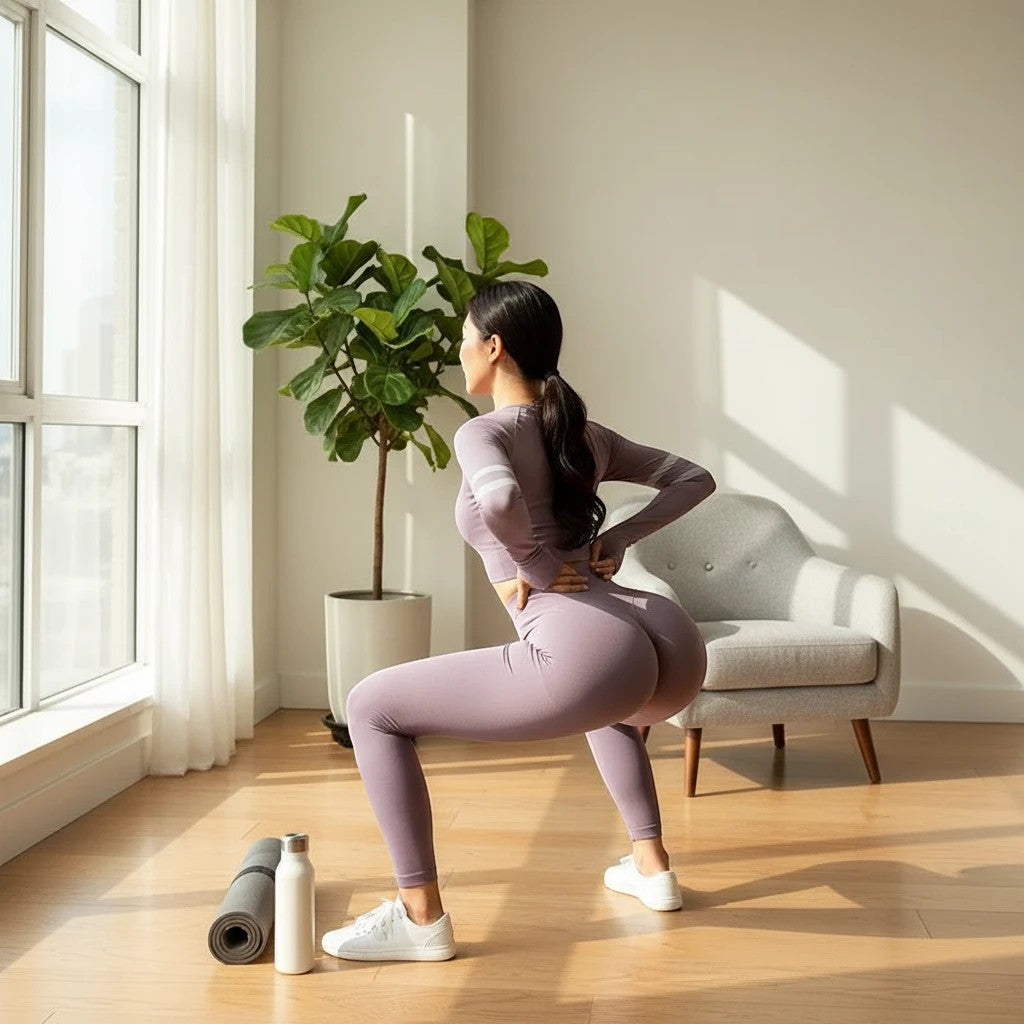 Femme faisant un squat dans un legging de sport NaRsKo mauve taille haute sans couture pour un effet galbant