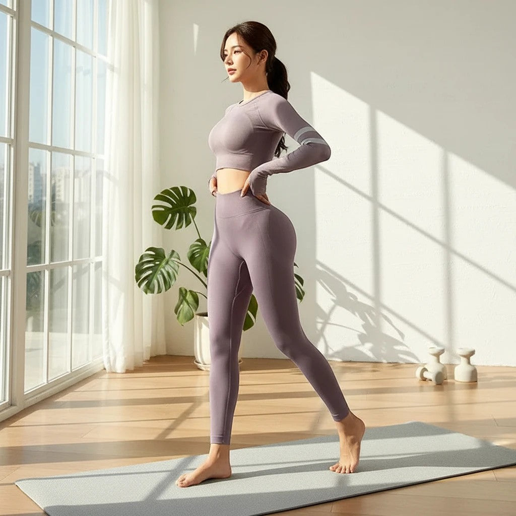 Ensemble de sport NaRsKo mauve avec legging taille haute sculptant et haut à manches longues pour femme