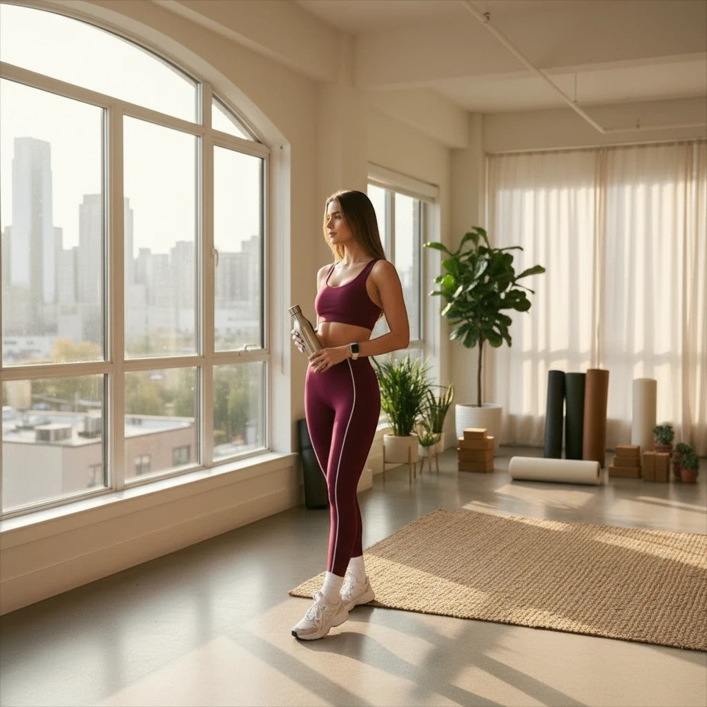 Femme en ensemble de sport NaRsKo bordeaux avec bandes latérales blanches, debout dans un studio de yoga lumineux.