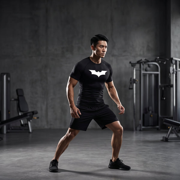 Homme portant un t-shirt de compression noir NaRsKo avec logo Batman blanc, idéal pour le sport en salle