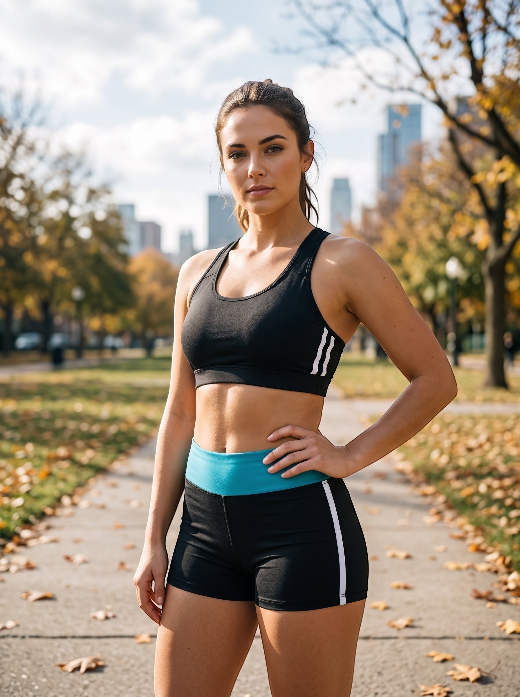 Une athlète NaRsKo en tenue de sport noire et bleue dans un parc urbain, symbolisant le bien-être et la vitalité.
