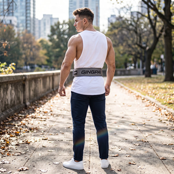 Studio photo of CEINTURE A LOMBAIRES PRO MUSCULATIONS Back view with head turned to show profile, full body rear shot showing garment details from behind. CAMERA SHOT: A FULL BODY shot capturing the person from head to toe. [Full body]